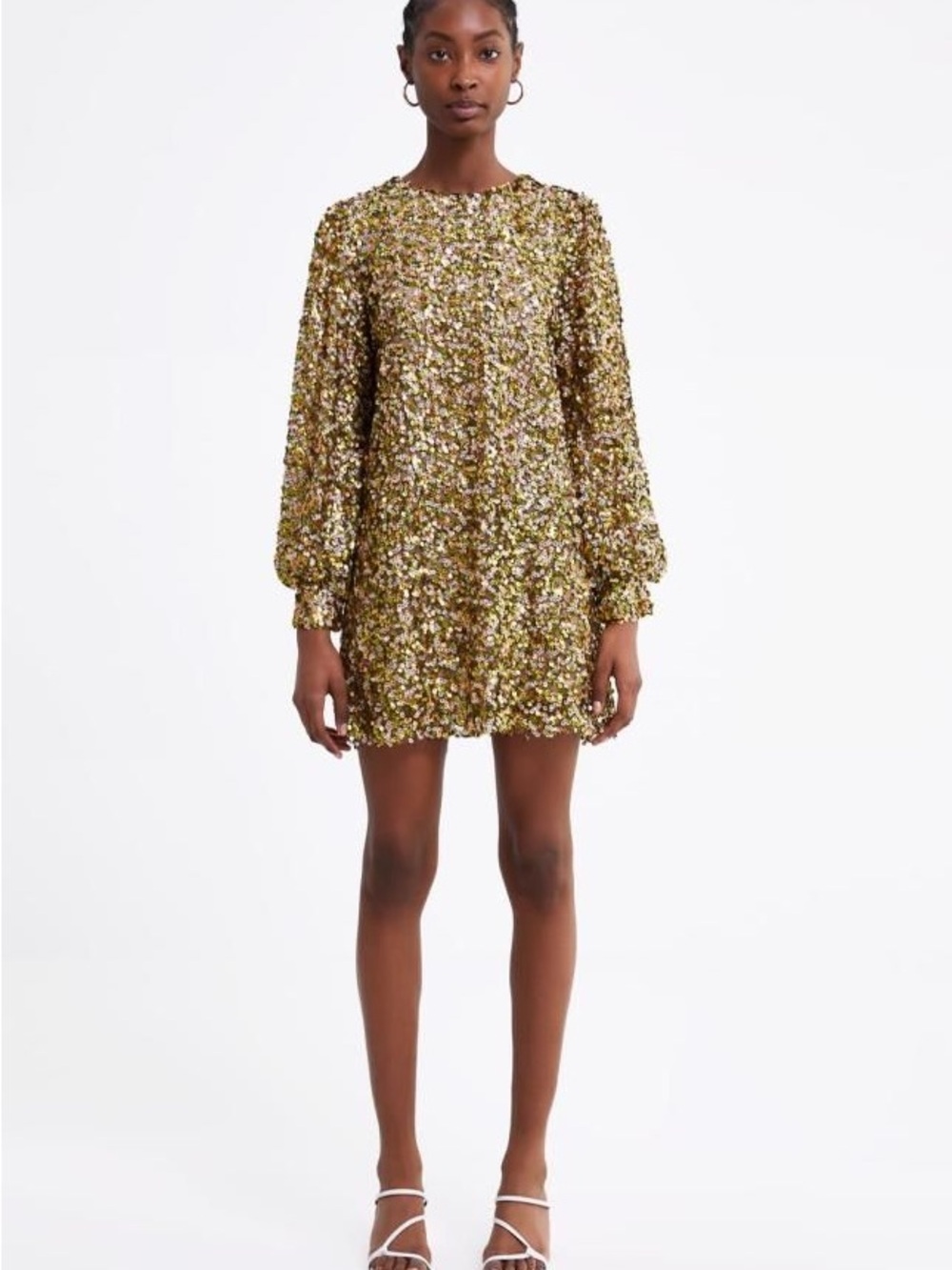 Zara Gold Sequin Balloon-Sleeve Mini Dress